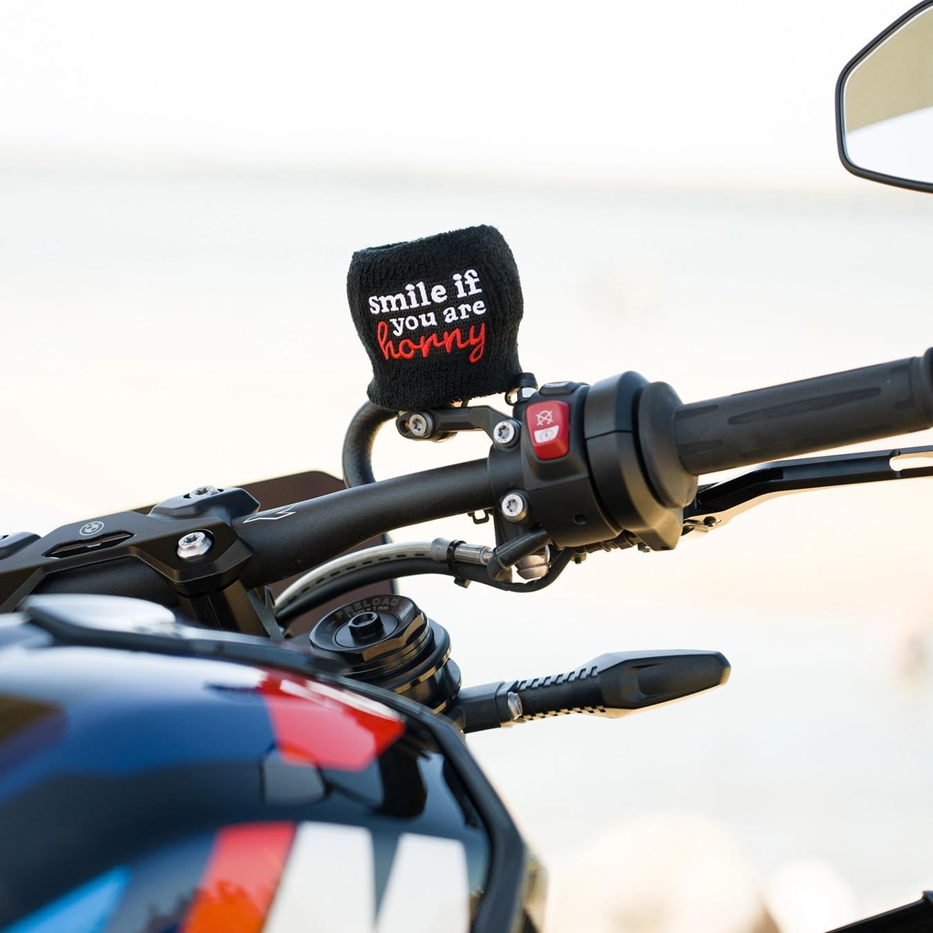 Brake Fluid Reservoir Cover Sock for Motorcycles, Sporbikes and Gifts by Moto Loot (Smile If You're Horny)