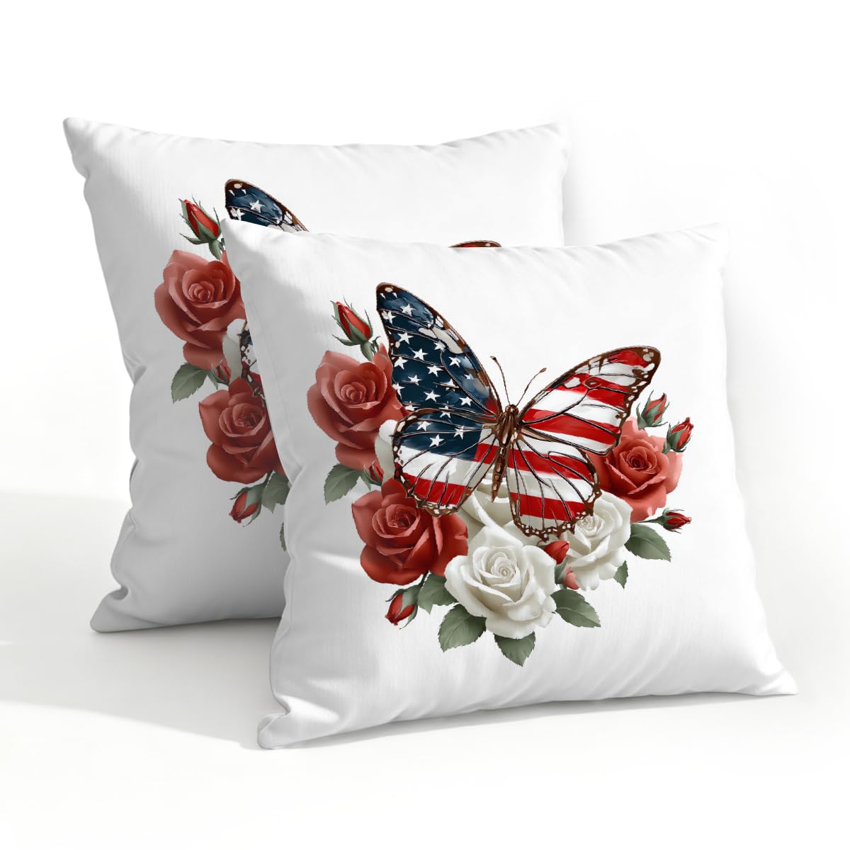 Outdoor Pillow Covers Waterproof Pillowcases 20x20in Set of 2 4th of July American Flag Flower Butterfly Decorative Throw Cushion Case for Couch Sofa Garden Patio Furniture