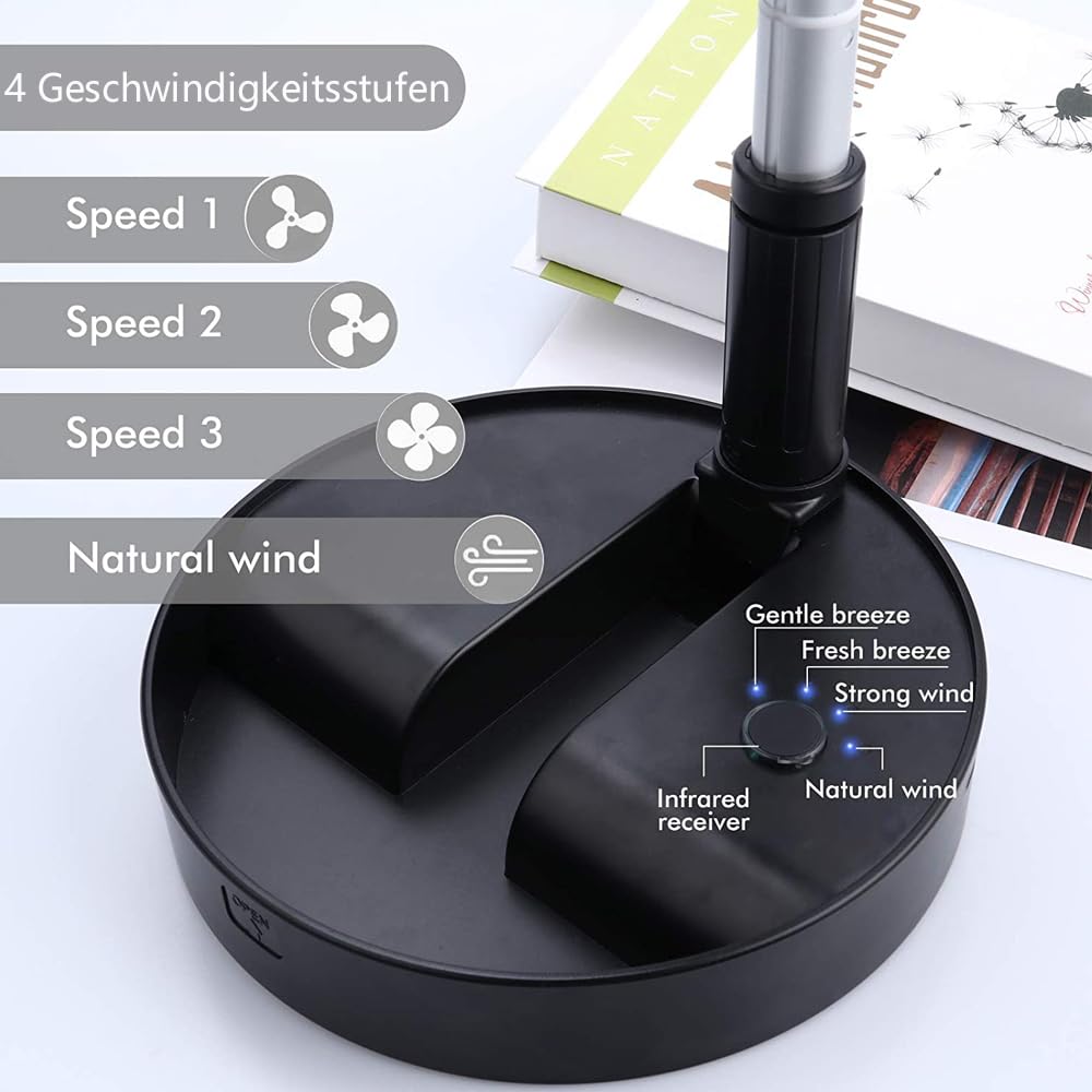 UNITEDTIME Tragbarer Ventilator Faltbares Wiederaufladbares [Fernbedienung] Batteriebetriebene Foldaway Stehender Pedestallventilator, 4 Geschwindigkeit, Timer für Campingreisen, Schlafzimmer(schwarz)