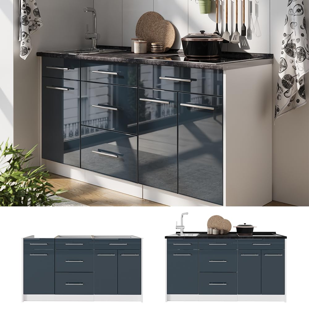 Vicco Küchenblock Fame-Line, Dunkelblau Hochglanz/Weiß, 150 cm | AP Eiche, zur individuellen Erweiterung mit kompatiblen Modulen