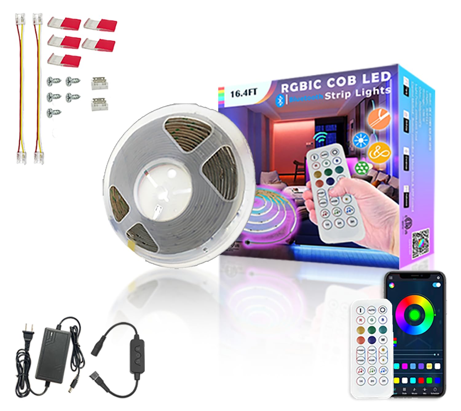 RGBW COB LED Strip Light Kit,16.5ft Color Changing Multicolor Neutral White, Cuttable Adhesive Lights Strip ETL Listed for Bedroom Party Decoration