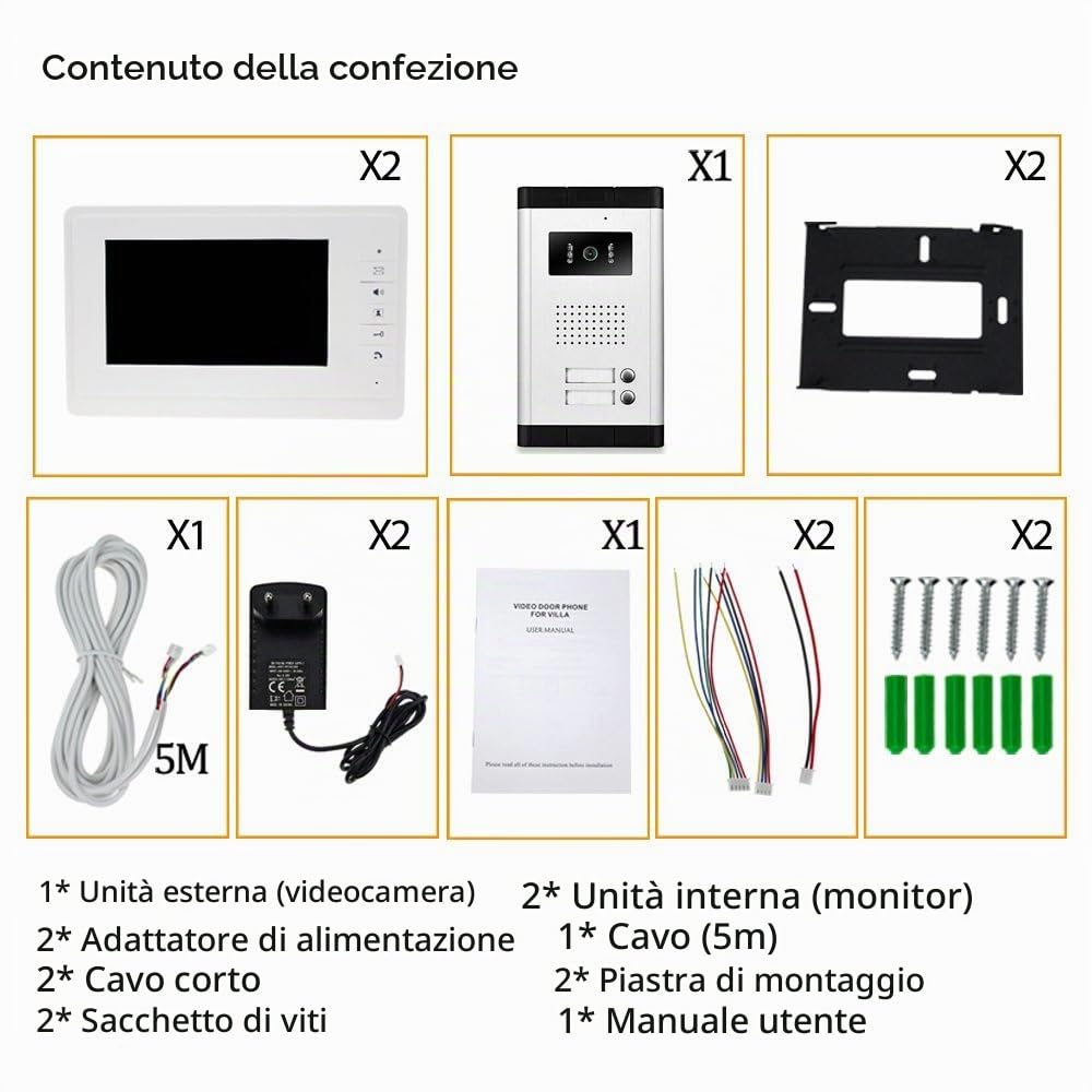 7 '' LCD Color Wired Videocitofono Kit 700TVL IR COMS Visione notturna Telecamera esterna Campanello per multi 2 appartamenti/famiglia/casa Monitor bianchi 100 metri