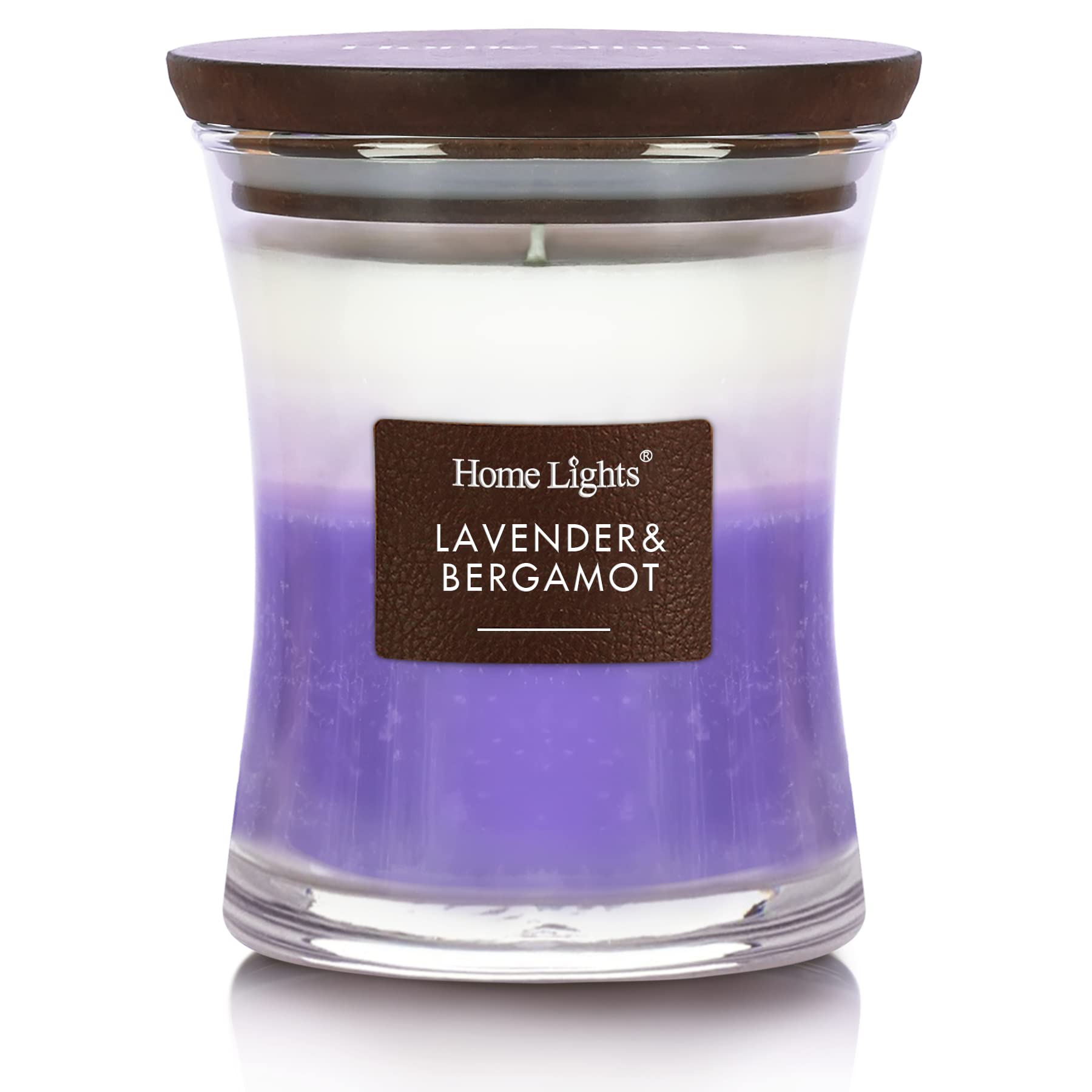 HomeLights 3-Layer Highly Scented Candles - Lavender & Bergamot, Hourglass Large Jar Candles for Home - Burns Up to 45 Hours, Natural Soy Wax, Wooden Lid, 11.3 OZ
