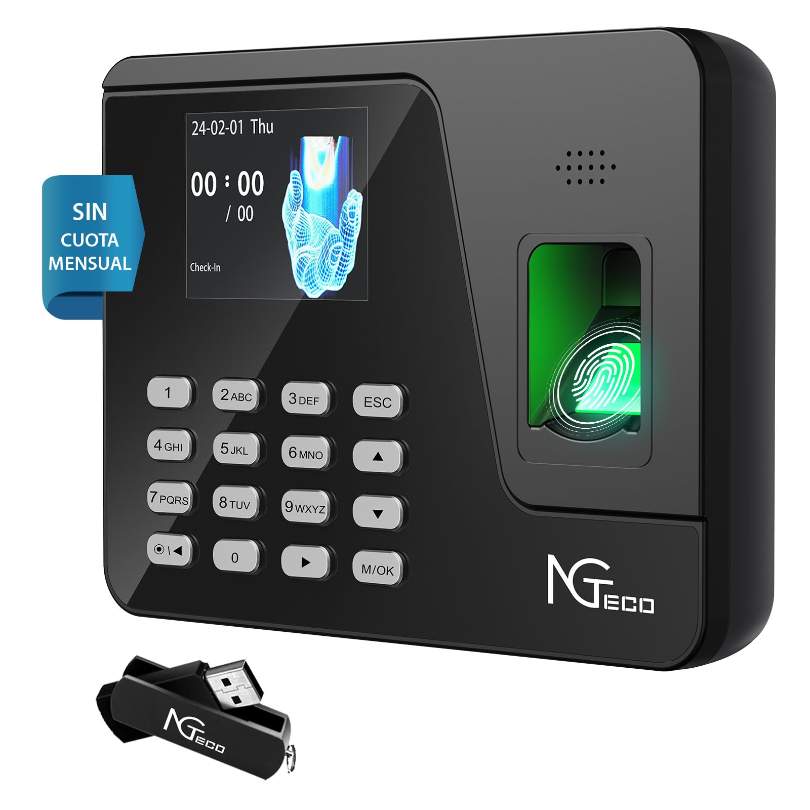 NGTeco Control Horario Empleados con Instalación Sencilla para Pequeñas Empresas en España, Funciona sin Internet, Cálculo Automático y Reloj Fichar con Huella AS10 (Sin Cuota Mensual)
