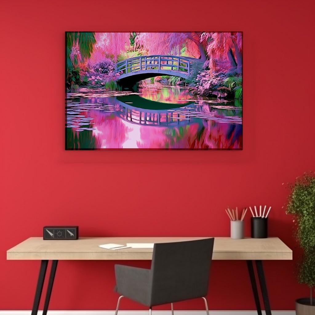 Canvas for Living room. Bridging Tranquility: A Digital Oil Pastel Oasis Bathed in Soft Pink Hues, 27 x 18 inch Canvas Wall Art - Contemporary Masterpieces - Zen Wall Decor