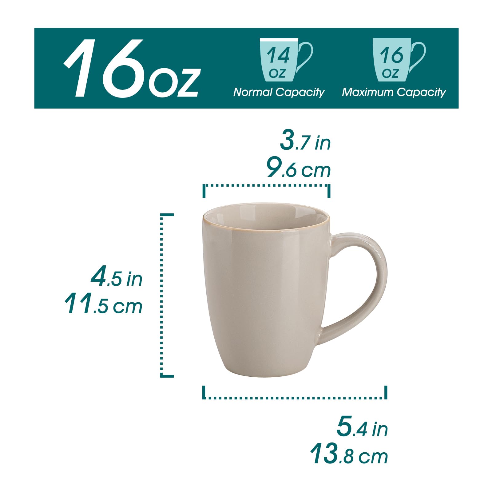 vancasso PLAYA - Juego de 6 tazas de café de cerámica de 16 onzas con asa para café con leche, té, capuchino, leche, cacao, microondas y lavavajillas, color blanco