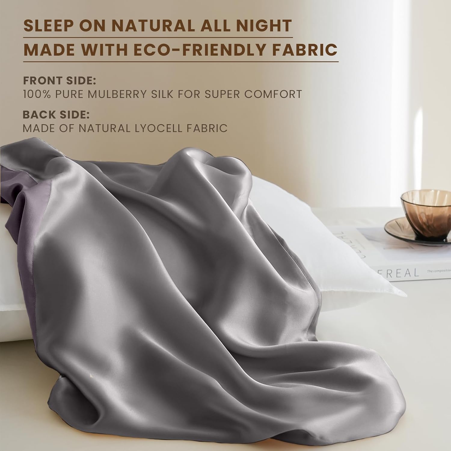 THXSILK Mulberry Silk Pillowcase Queen Size, Pillow Cover with Elastic Band, Soft Smooth Silk Pillowcase for Hair and Skin, Gift for Women Men 1 pc, Grey
