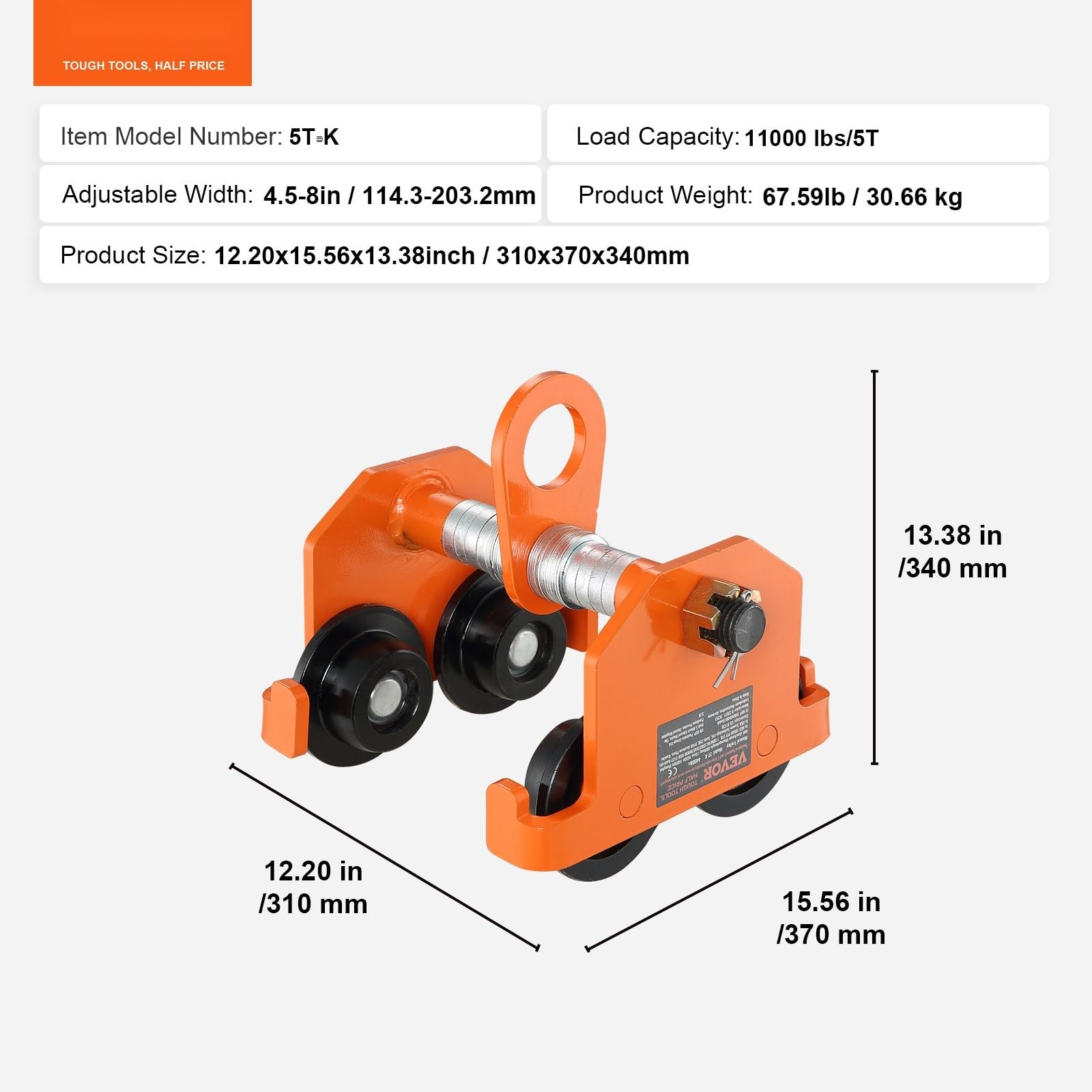 Carretilla manual de 11 000 lb con capacidad de carga de 5 toneladas, ruedas dobles ajustables para ancho de brida de viga en I de 4,5 a 8 pulgadas, polipasto de garaje de acero de aleación resiste