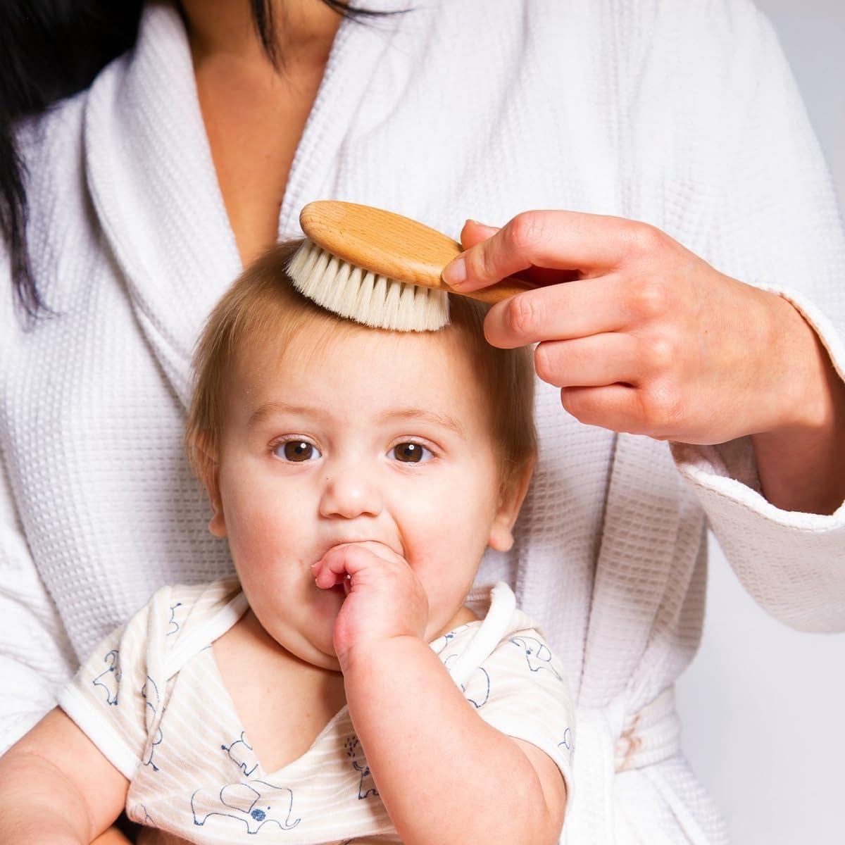 Brosse À Cheveux Bébé, Brosse à Cheveux De BéBé En Bois Et Ensemble Peigne, Poils de Chèvre Naturel, Peigne En Bois pour Nouveau-nés, Tout-petits et Jeunes Enfants