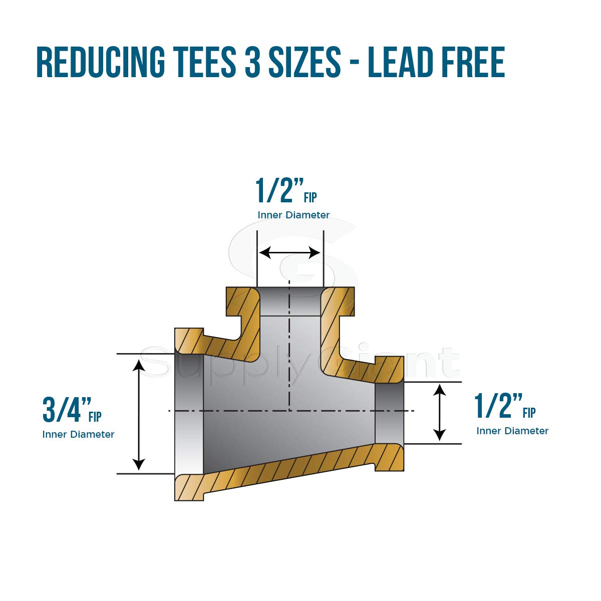 Everflow BRRT0343-NL 3/4 x 1/2 x 1/2-Inch Lead Free Brass Reducing Tee Three Size with Female Threaded Connections Ends, Brass Construction, Higher Corrosion Resistance Economical & Easy to Install