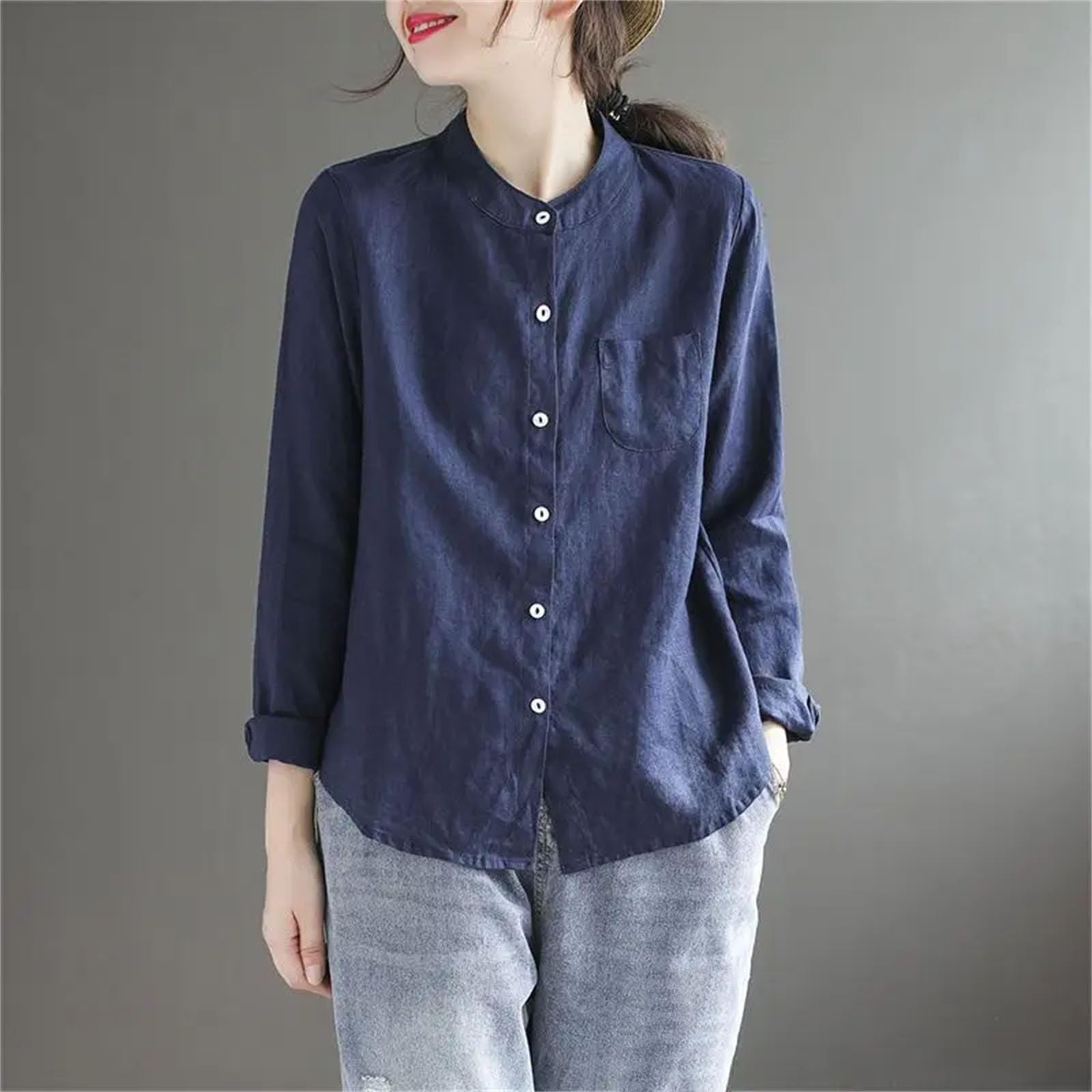 Camisa de manga larga con cuello alto para mujer, estilo informal, cómoda, de algodón, cáñamo, para primavera, para todo tipo de camisetas