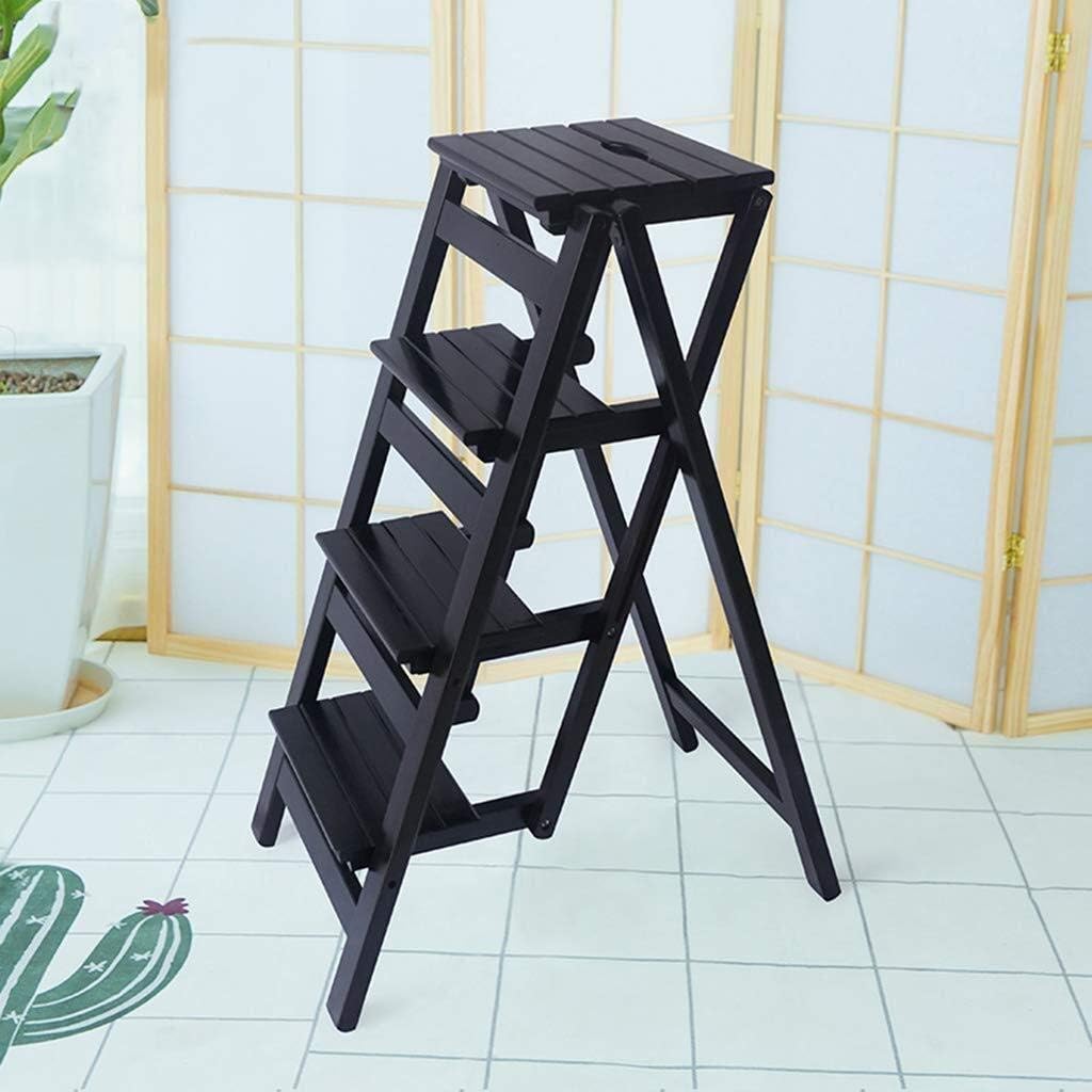 Ladder Stools Pine Wood 4-Tier Library Folding Step Stool Chair Kitchen Office Multifunctional Flower Rack/Shoe Bench (Color : Black)