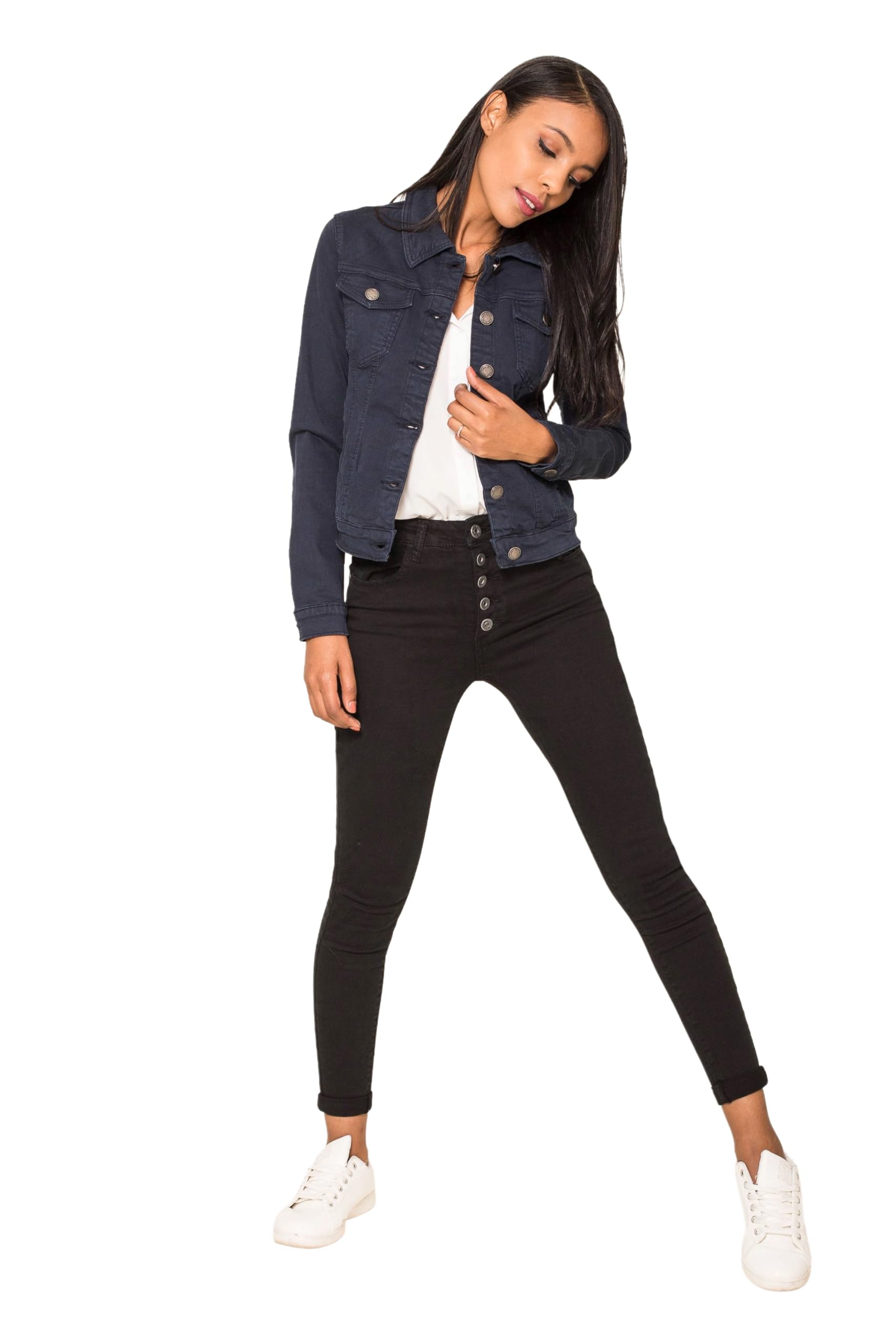 Nina Carter J212 Veste en jean slim pour femme - Veste stretch, colorée, avec col Kent, poches - Pour le printemps, l'été, la mi-saison