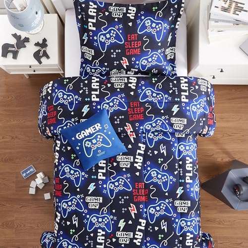 Kids Comforter Set Full Size for Boys, Glow in The Dark Gamer Bedding Set 1 Comforter, 1 Decor Pillow, 2 Pillow Shams