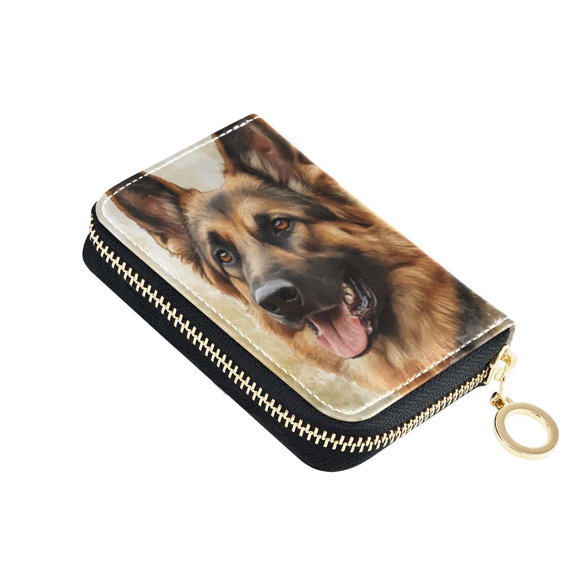 KUEJOP Credit Card Holder Watercolor German Shepherd Dog Small PU Leather Zipper Card Case Wallet for Women