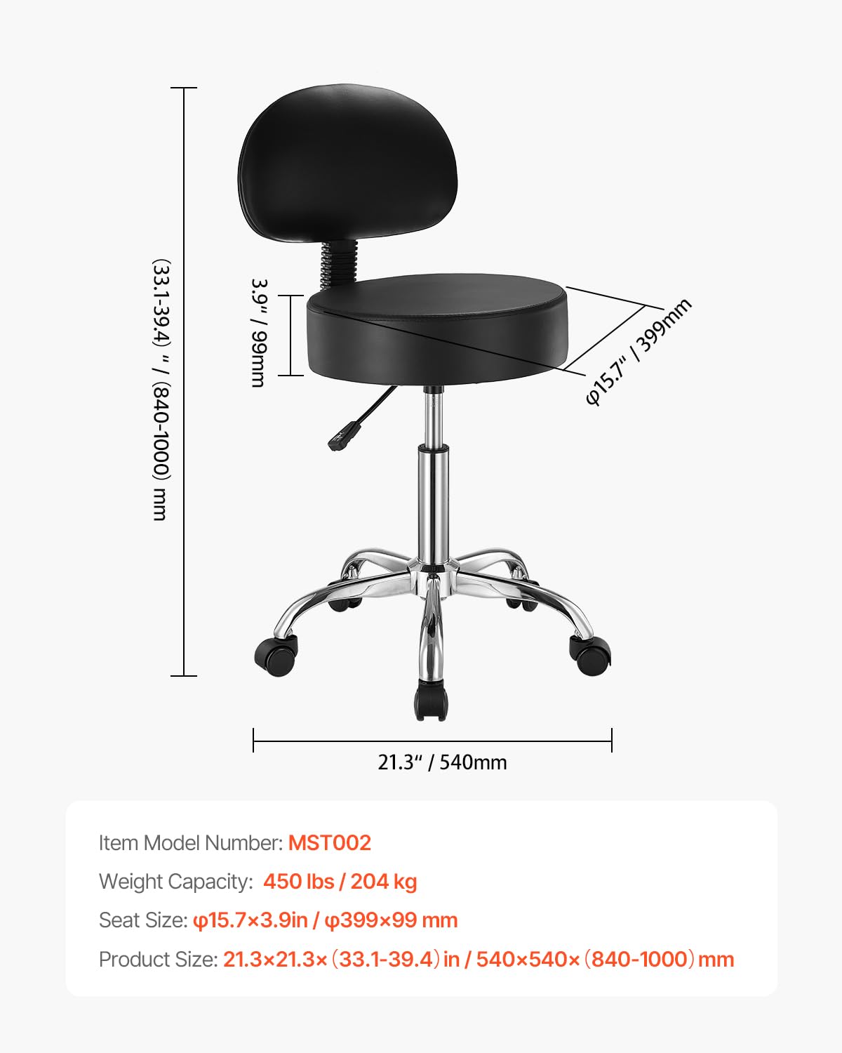 VEVOR Tabouret à roulettes avec Support Dorsal, capacité Poids 204 kg, Rond Tabouret Roulant, Hauteur réglable, Chaise pivotante en Cuir PU épais, pour Salon, Spa, Massage, Tatouage, Clinique, Noir