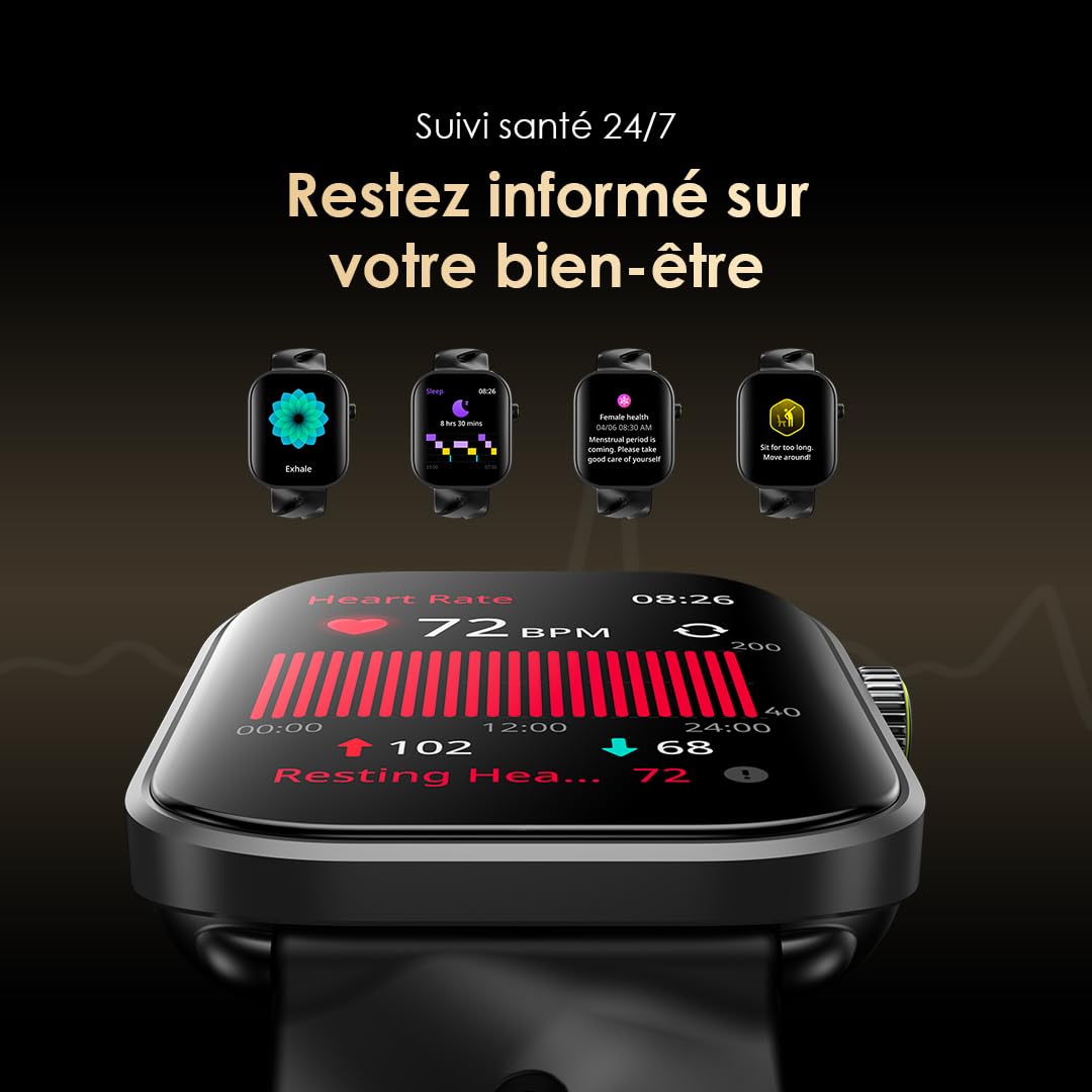 Oraimo Montre Connectée Écran AMOLED 60Hz 1,85" Appel Bluetooth HD Smartwatch Homme Femme Sport 143 Modes Étanche IP68 Autonomie 14 Jours Cardio SpO2 Podomètre Notifications SMS Message Android iOS