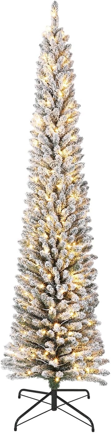 6ft Pre-Lit Snow Flocked Artificial Christmas Tree with 250 Warm White LED Lights,Pencil Slim Design for Small Spaces, Home Office Holiday Decor