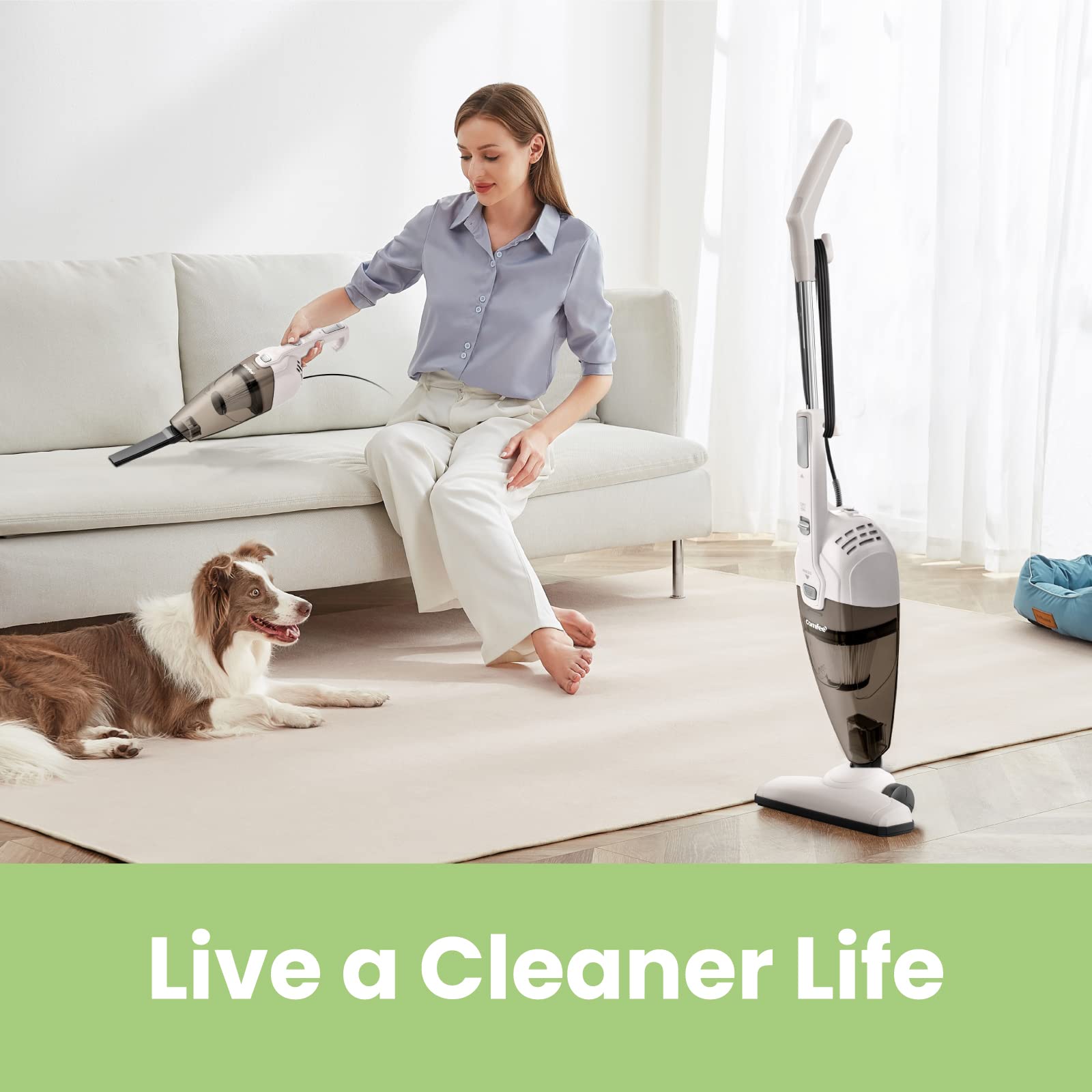 COMFEE ' Vacuum Cleaner 2 in 1 Handheld Stick Cleaner 5M Long Cord Lightweight Powerful 600W 16000Pa Suction 0.5L Large Capacity Excellent Central Filtration System for Car Home Kitchen Hair- White