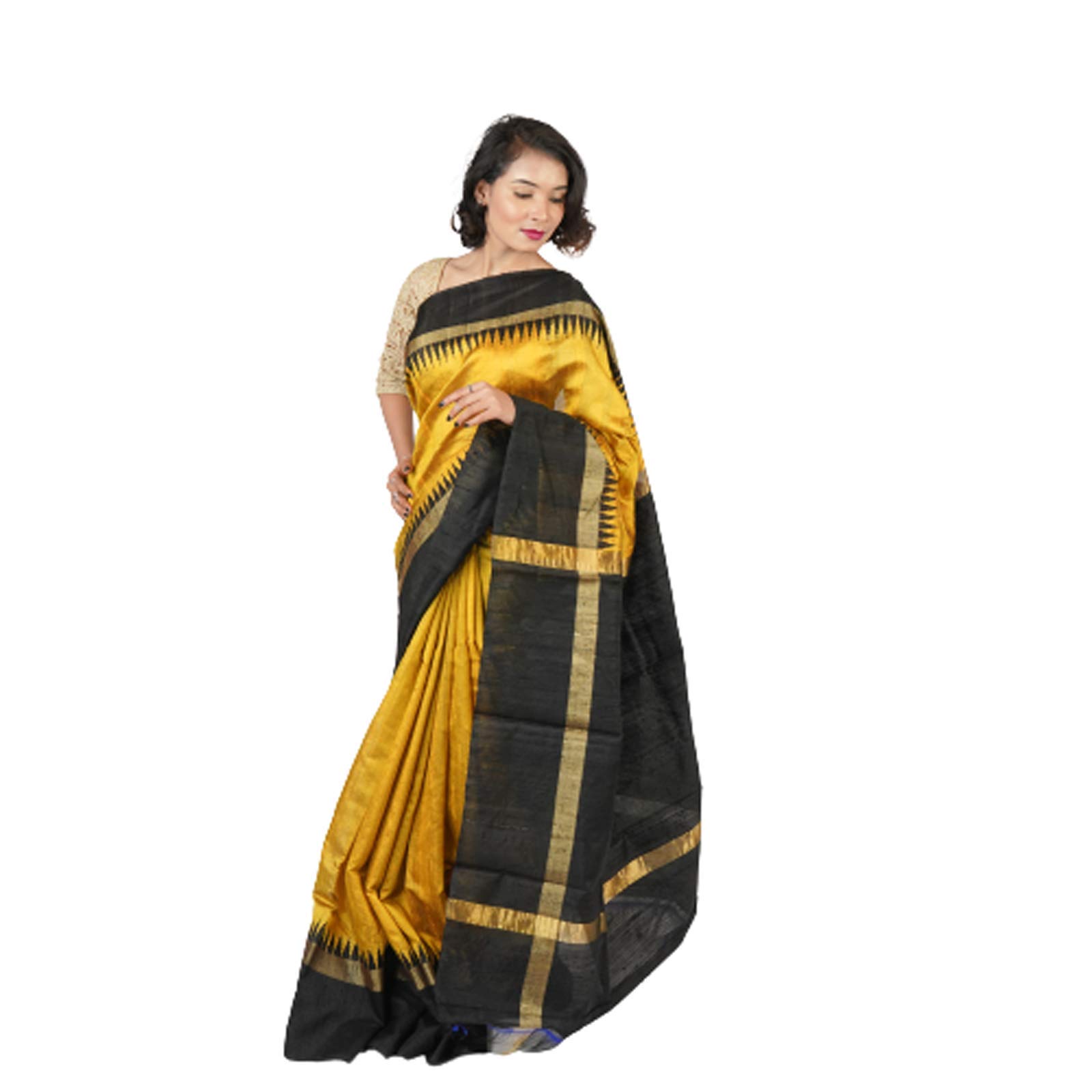 Manisha Silk Weaves Plain Pure Dupion Raw Silk With Black Temple Border and Unstitched Blouse Handloom Sari Ideal For Puja Weddings and Anniversaries (Golden Yellow)