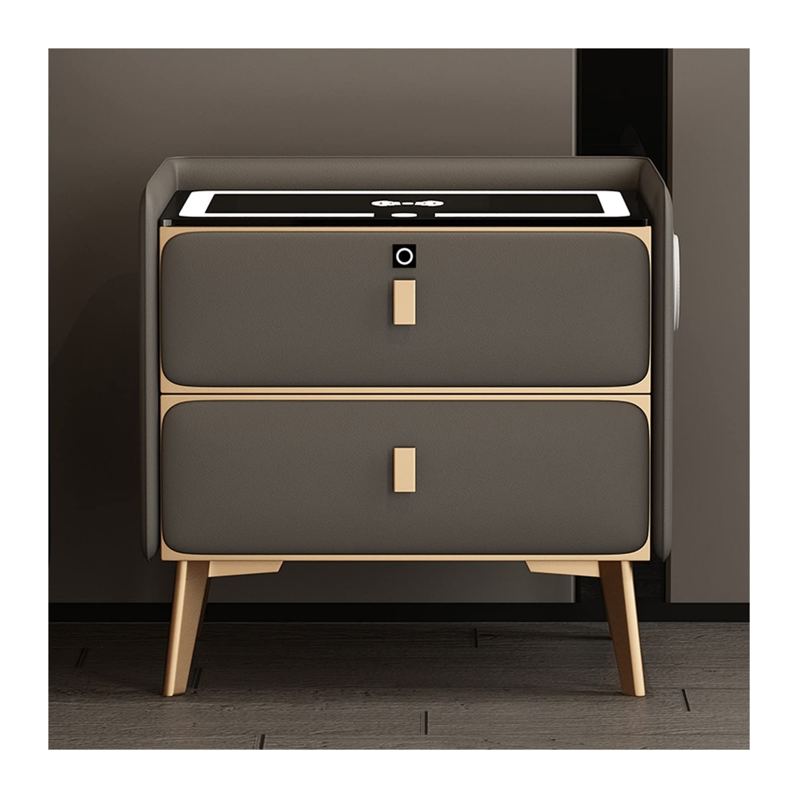ASerZenith Smart Nightstand Bedside Tables Charging Station And Led Lights,Bedside Table With 2-Drawer And Fingerprint Unlock, Speaker, Nightstands For Bedroom,K Gray