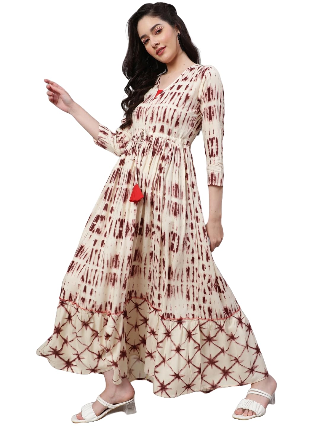 Women's New Rayon Print Tie-up Waist V Neck Flared Maxi Dress