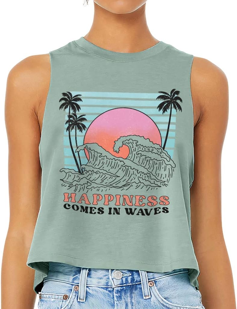 Happiness Comes in Waves Racerback Cropped Tank - Print Women's Tank - Wave Tank Top