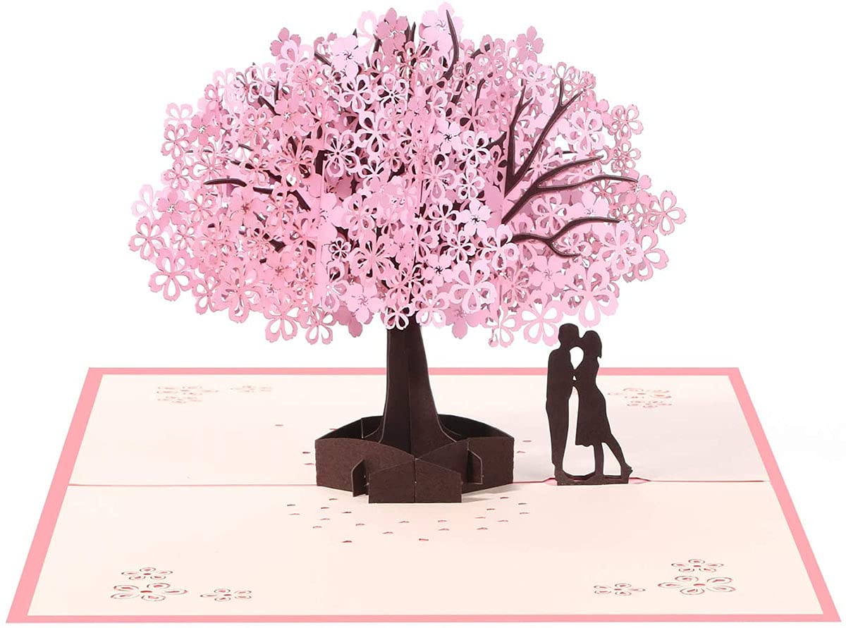 3D Pop Up Card with Romantic Lovers Under Cherry Tree, Handmade Greeting Card for Mother’s Day, Anniversary, Wedding, Valentine’s Day, for Wife, Husband, Girlfriend, Bride, or Mom