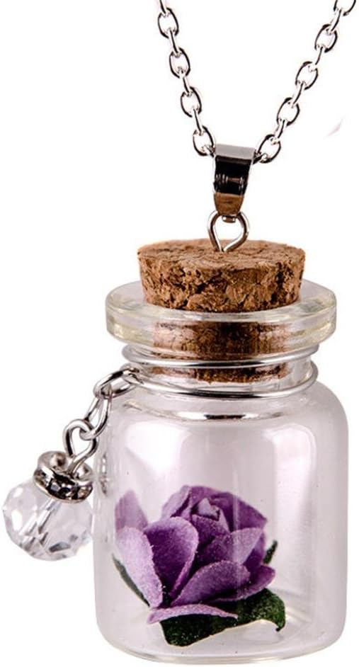 Lavany® Long Chain Necklace With Glow in the Dark Flower Glass Tiny Wishing Bottle Pendant Jewelry (Purple)