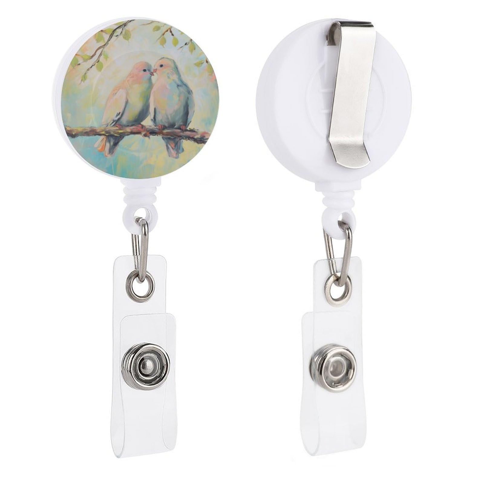 Two Lovebirds Sitting on A Brench Retractable Badge Holder Watercolor Wild Animal Reel Clip ID Card Holder for Doctor Nurse Student Office Worker
