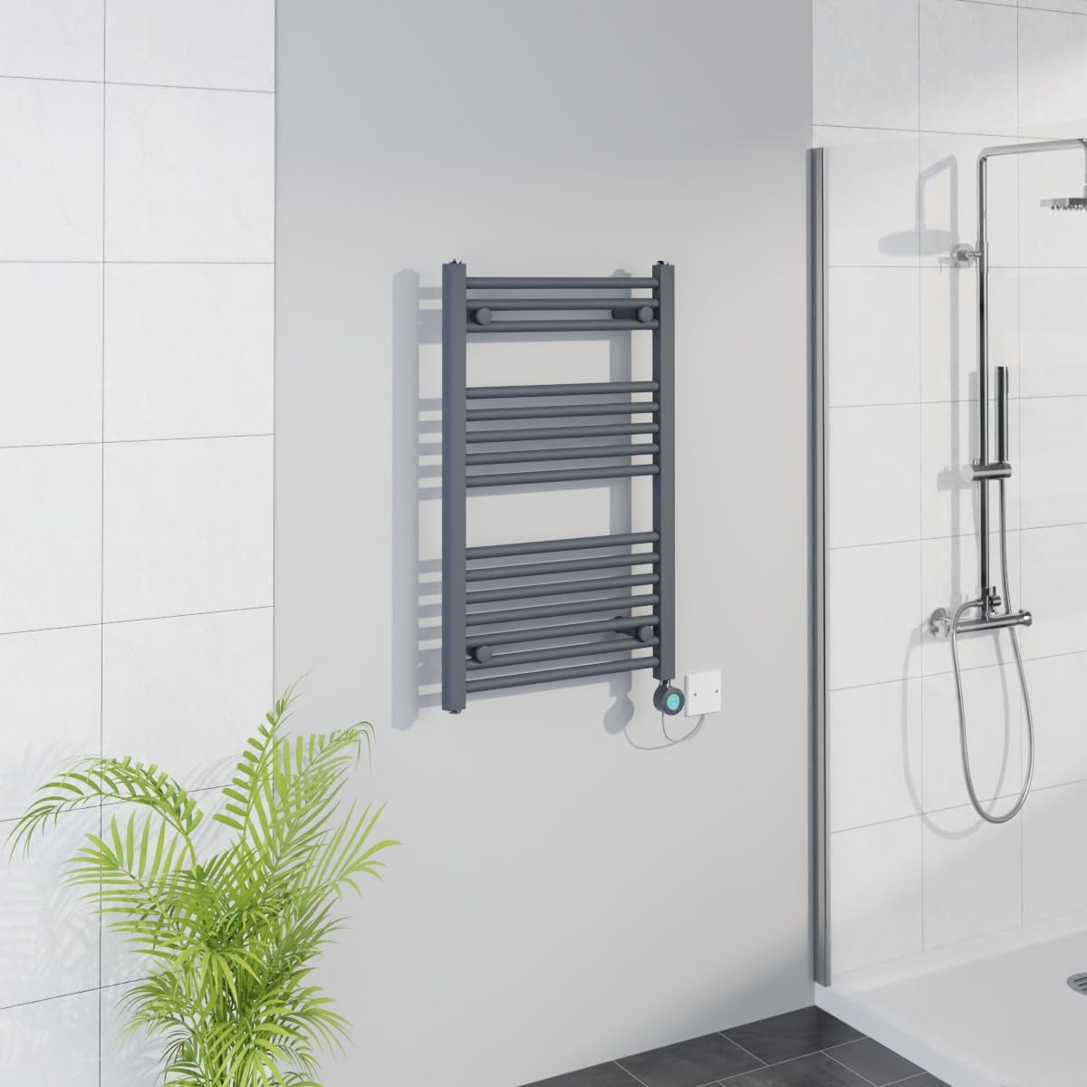 Warmehaus Anthracite Smart Wifi Thermostatic Electric Bathroom Straight Heated Towel Rail Warmer Radiator With Timer 800X500mm