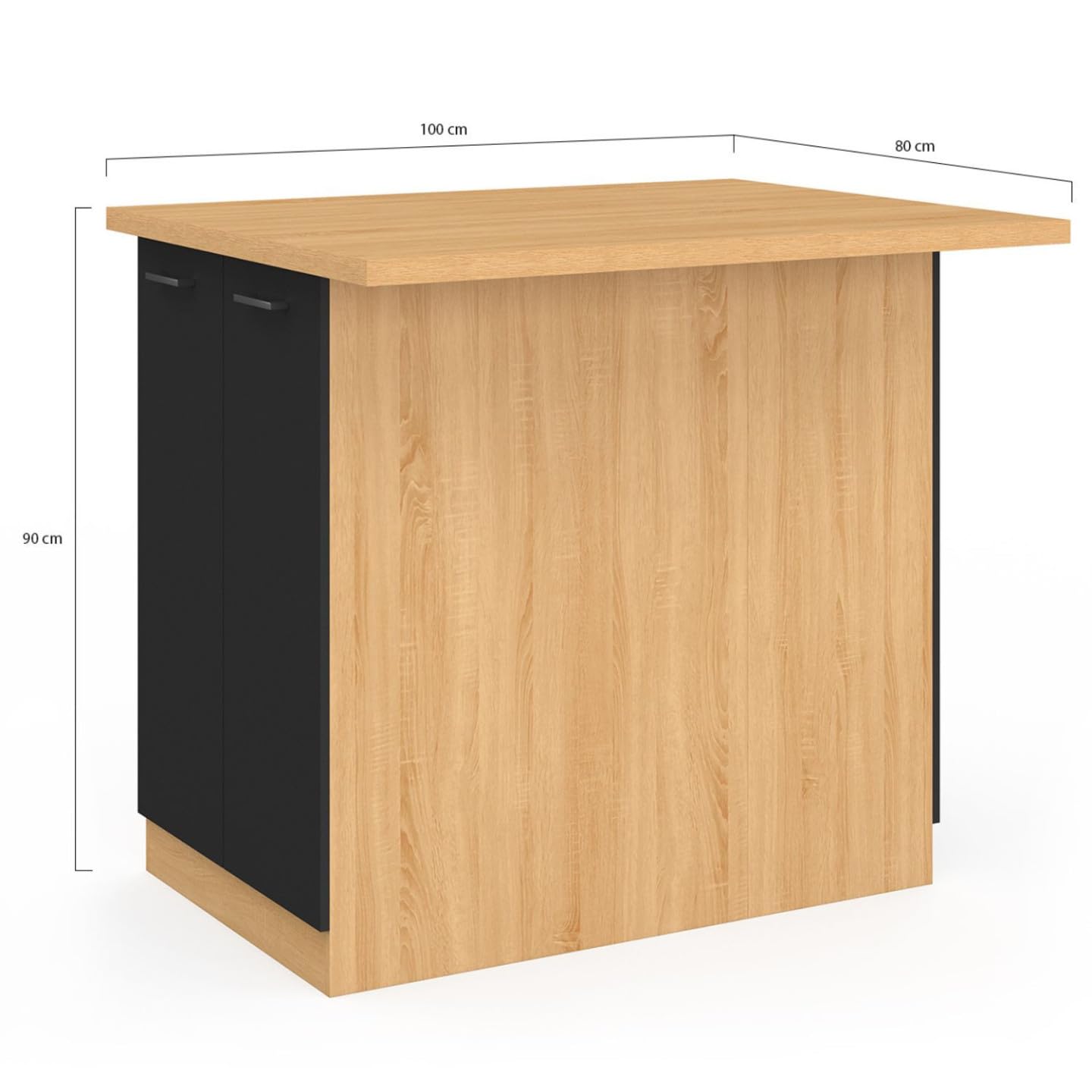 IDMarket - Ilot Central IVO 100 cm Bois façon hêtre Portes Noires avec Plan de Travail
