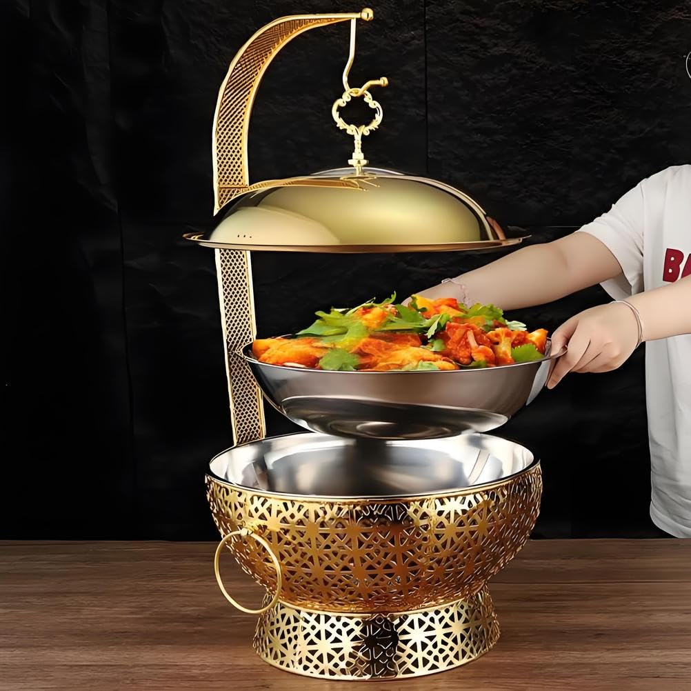 Estufa de Buffet Dorada de Acero Inoxidable, Lujosa Bandeja para Calentar Alimentos, Doble Uso frío y Caliente, con Base calefactora, Adecuada para Banquetes, Fiestas y hoteles