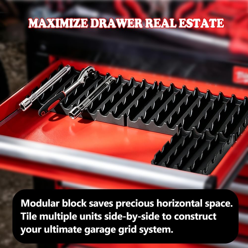 Compact Tool Drawer Organizer Tray – 5-Solt Ratchet & Extension Holder with 22.8mm Anti-Roll U-Grooves for Shallow Tool Drawers, Garage Toolbox Storage Insert for Hand Tools Organization image 5