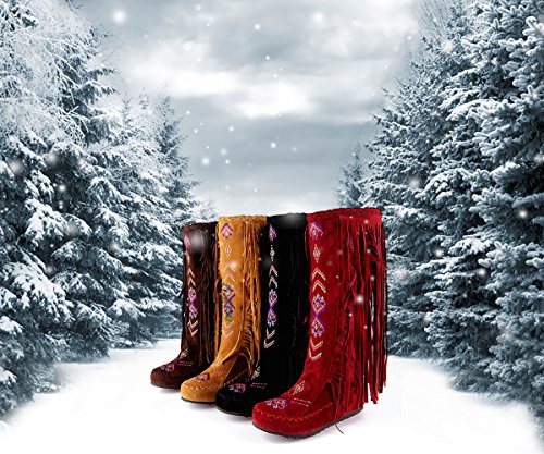 Inornever Knee High Boots for Women Moccasins Embroidered Fringe Booties Cowboy Winter Comfortable Warm Vintage Flat Heel Cowgirl Western Suede Long Snow Tassel Boots3