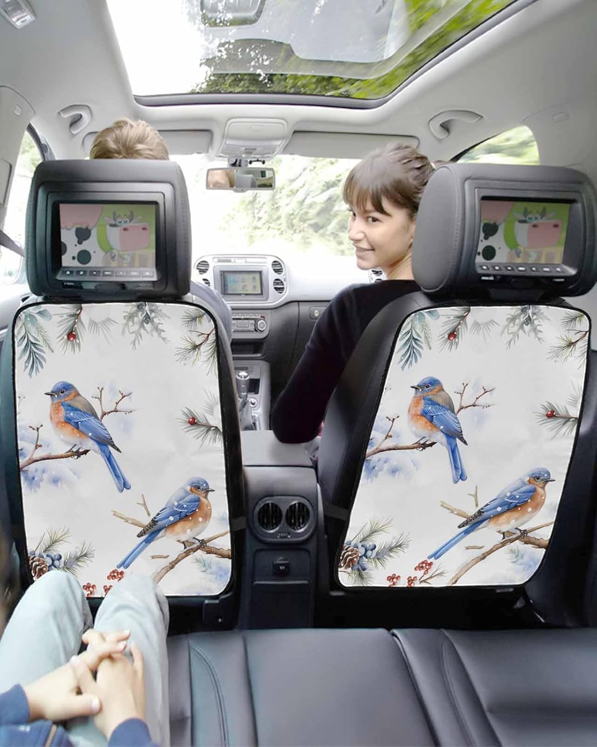 T&H XHome Car Seat Protector, 2 Pack Kick Mats Back Seat Protector Christmas Blue Robins on Pine Tree Winter Berry Waterproof Backseat Cover for Kids Universal Fit Automotive Interior Protectors