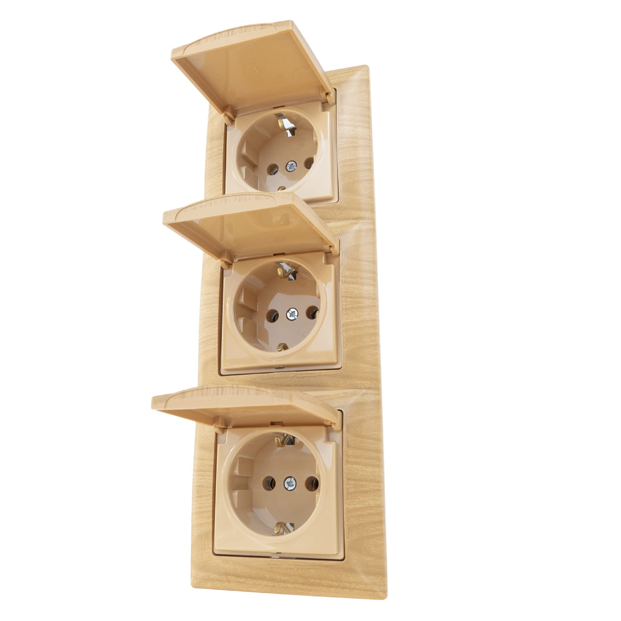 GUNSAN Visage 3er 3-fach Steckdose mit Deckel und Rahmen SET Schutzkontakt Steckdose Unterputz Holz-Optik Beige