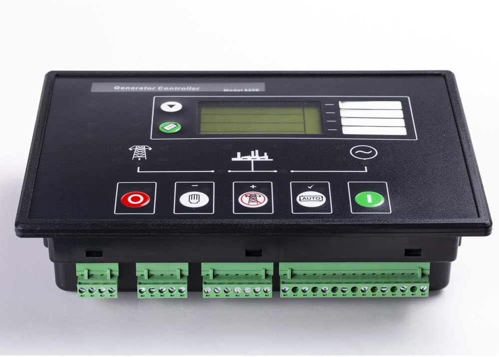 Angled view of the DSE5220 controller showing front panel and bottom connectors