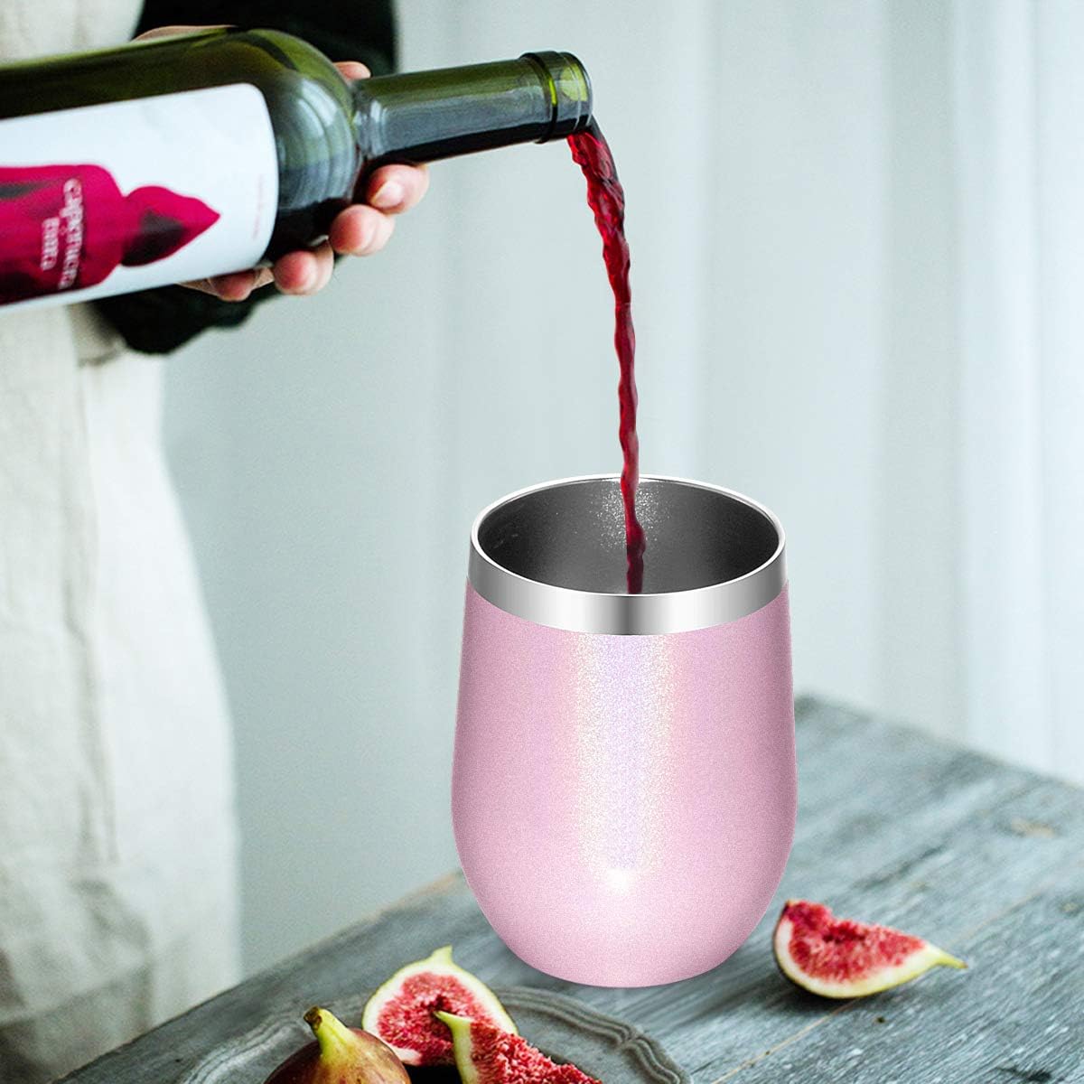 Bastwe 2 Pack Stemless Wine Tumblers with Straws, 12 oz Stainless Steel Double Wall Vacuum Insulated Wine Glass for Coffee, Champagne, Cocktail, Beer, Drinks (Glitter Pink)