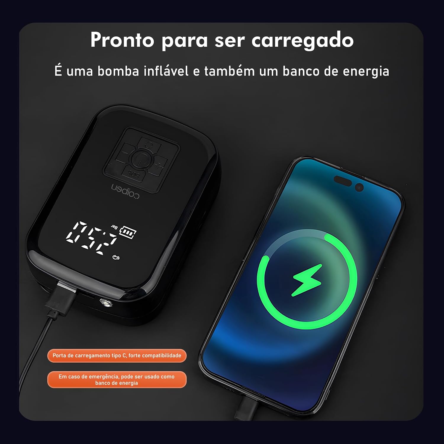 Compressor de Ar Portatil, Calibrador de Pneus Portatil, Bomba de Encher com Display Digital, Pré-sets de Pressão, Power Bank 6000mAh para Carros/Motos/Bicicletas e Bolas Compressor de Ar Portatil, Calibrador de Pneus Portatil, Bomba de Encher com Display Digital, Pré-sets de Pressão, Power Bank 6000mAh para Carros/Motos/Bicicletas e Bolas