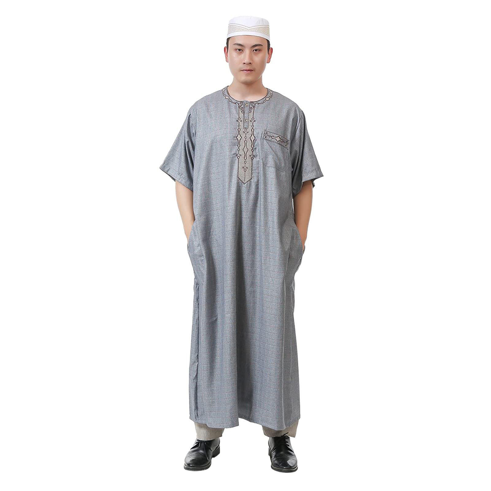 Rummyluck Men Muslim Robe Islamic Arab Kaftan Casual Short Sleeve Ramadan Shirt Dubai Middle East Ethnic Clothes