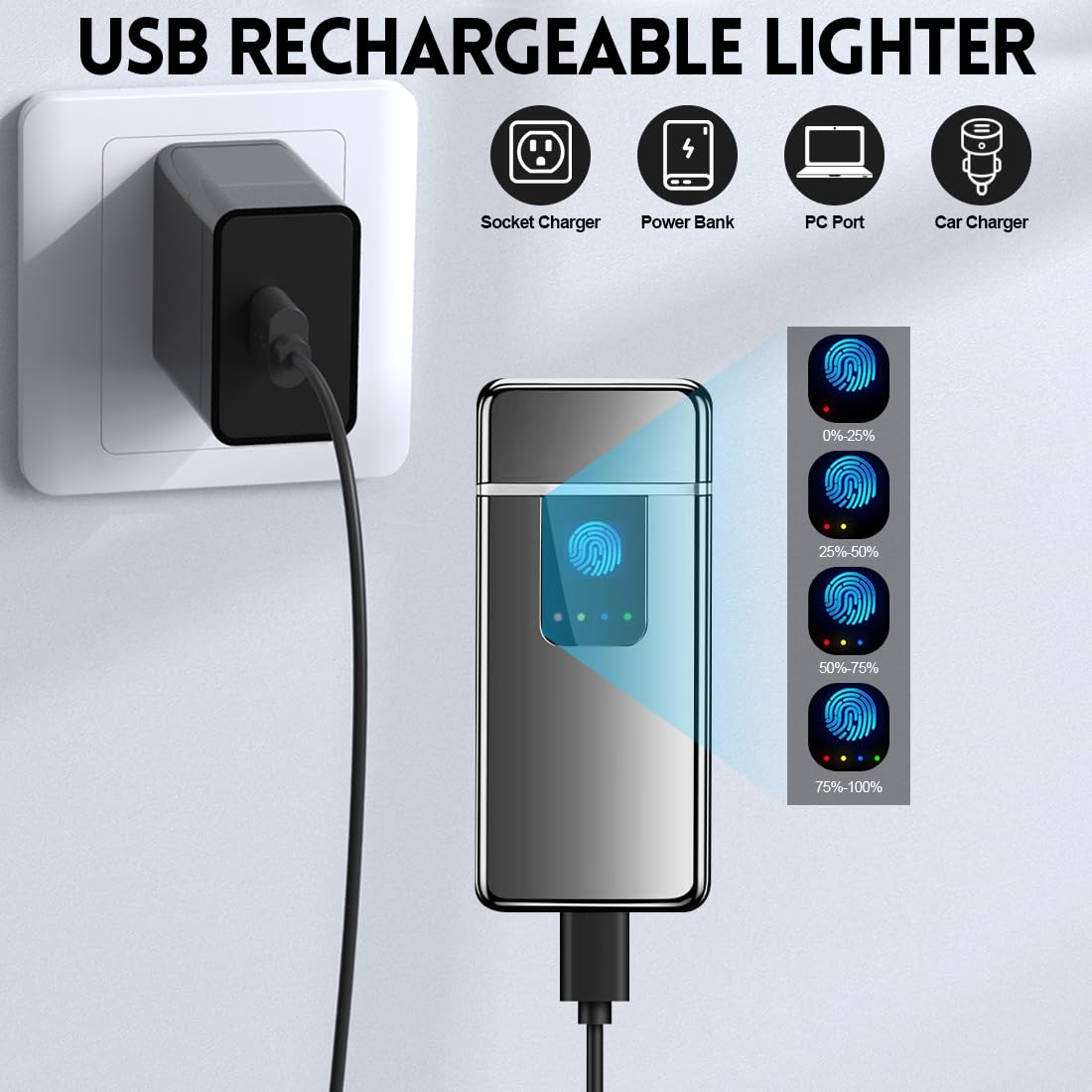LOMUG Briquet Electrique Rechargeable USB Double Arc Coupe-Vent Indicateur de Puissance Contrôle Tactile pour Bougie Barbecue Camping Cadeau Homme