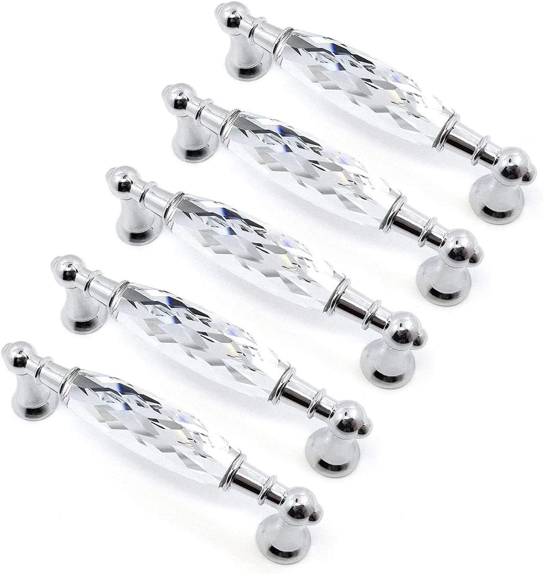 Crystal Drawer Pulls Handles 3.75'' Hole to Hole Clear Glass Cabinet Knobs Pulls Dresser Knob Chrome Metal Silver Modern Cupboard Kitchen Bathroom Knobs (5, 5.0" Hole to Hole)