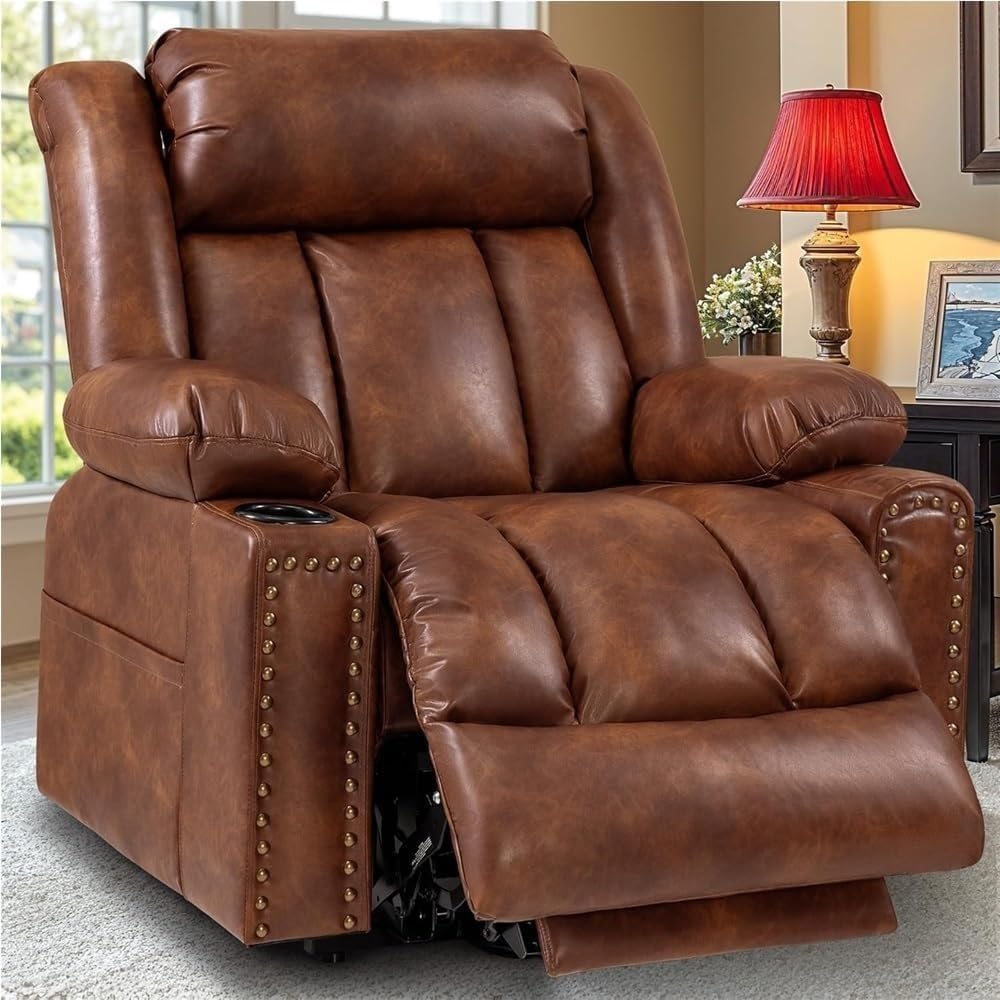 Triple Motor Large Lift Recliner Chair for Elderly Light Brown with Heat Massage Infinite Position Lay Flat Extended Footrest USB Port Cup Holder Comfortable Upholstered Seating