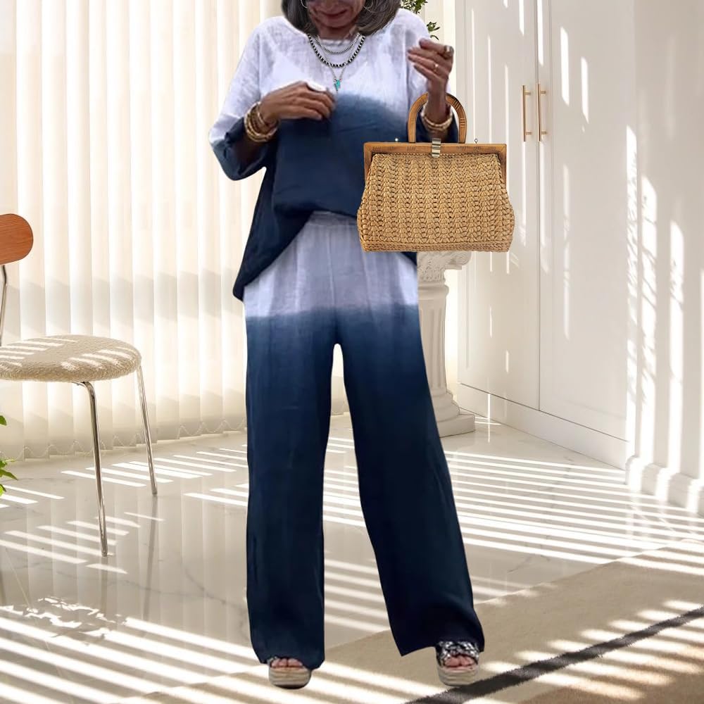 Linen Set for Women Casual Long Sleeve Gradient Color Loose Pant Plus Size Pants Sets Women 2 Piece Outfits - Image 4