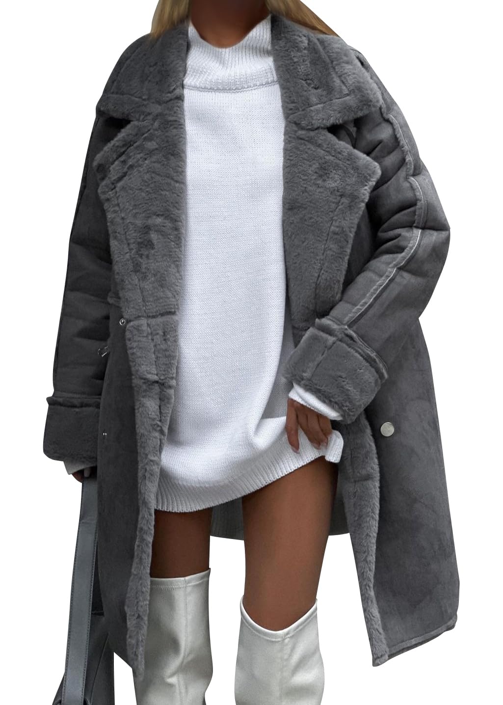 shownicer Damen Wintermantel Lang Wildleder Winterjacke Gefüttert Fleece Mantel Elegant Chic Warm Wintermantel Casual Freizeit Fleecejacke Winterparka Overcoat Winter Outdoorjacke