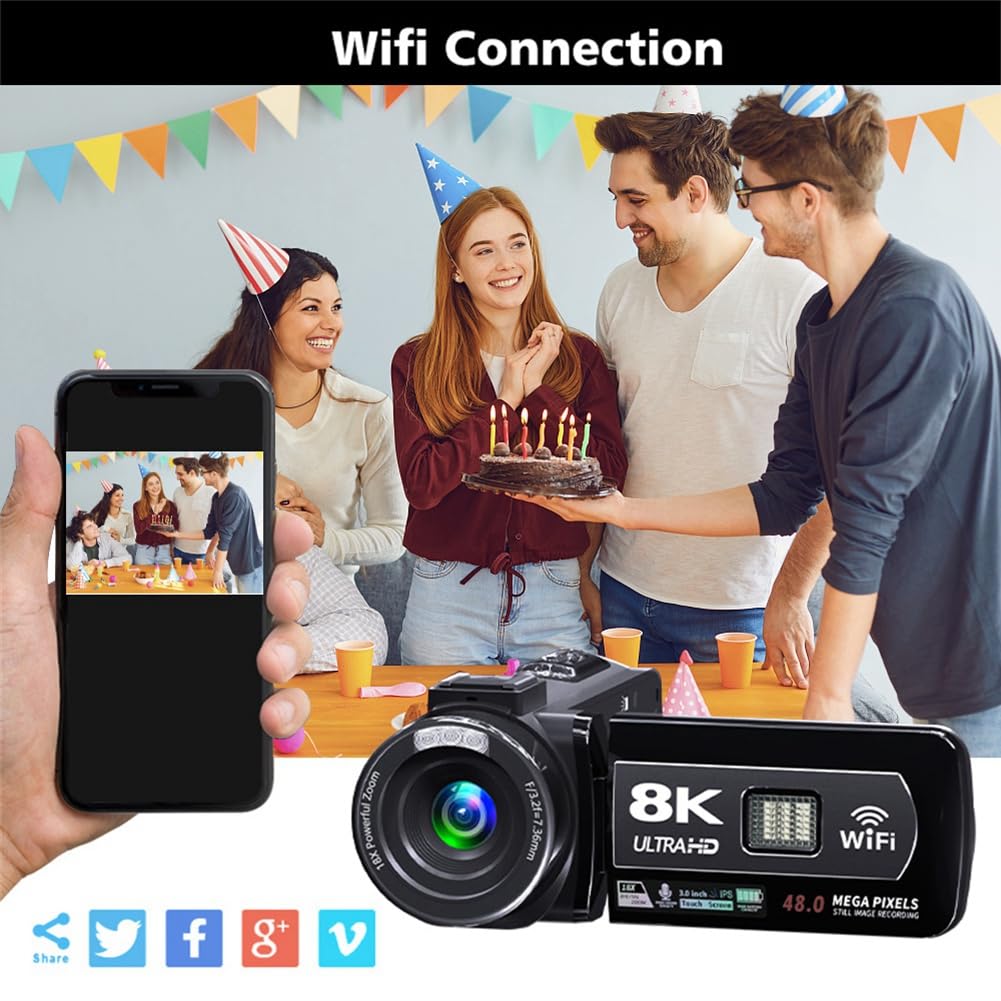 Stabilizzatore A Mano Camcorder Video 8K 64MP Zoom 18X Schermo Touch LCD da 3" Fotocamera WiFi con Microfono e Paraluce