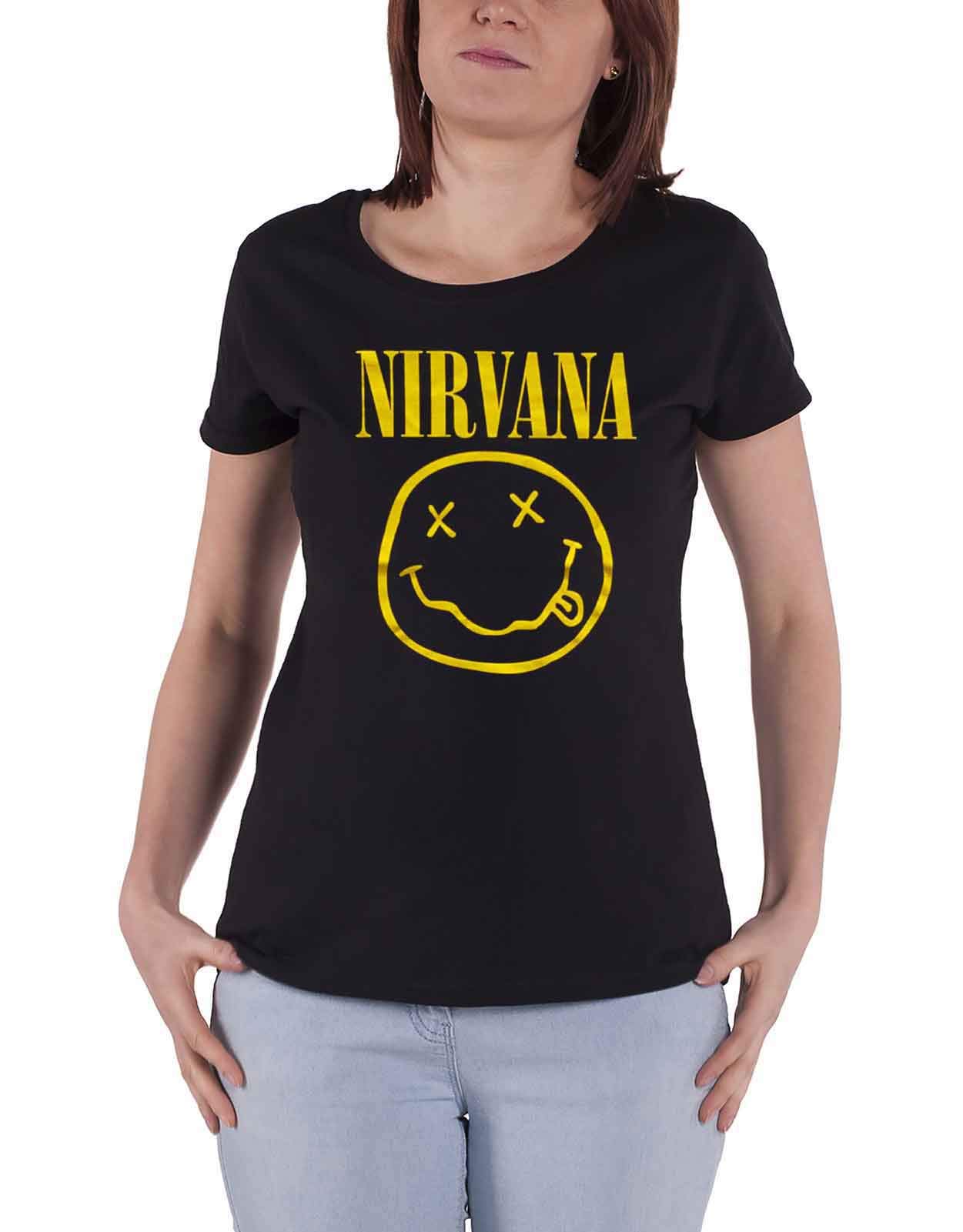 Nirvana T Shirt Yellow Smile Band Logo Official Womens Skinny Fit Black L