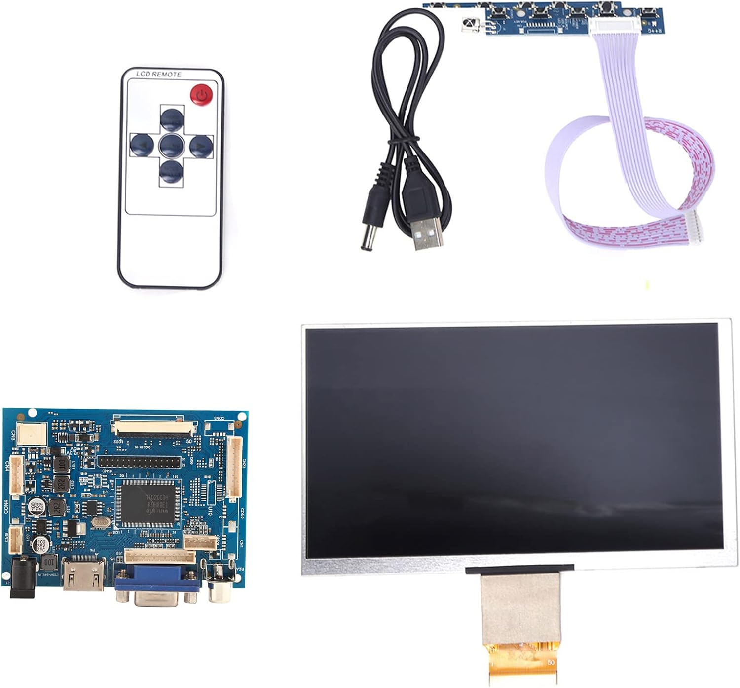 A top-down view of the Acouto 7-inch TFT LCD VGA Monitor kit components, including the LCD screen, driver board, remote, and cables.