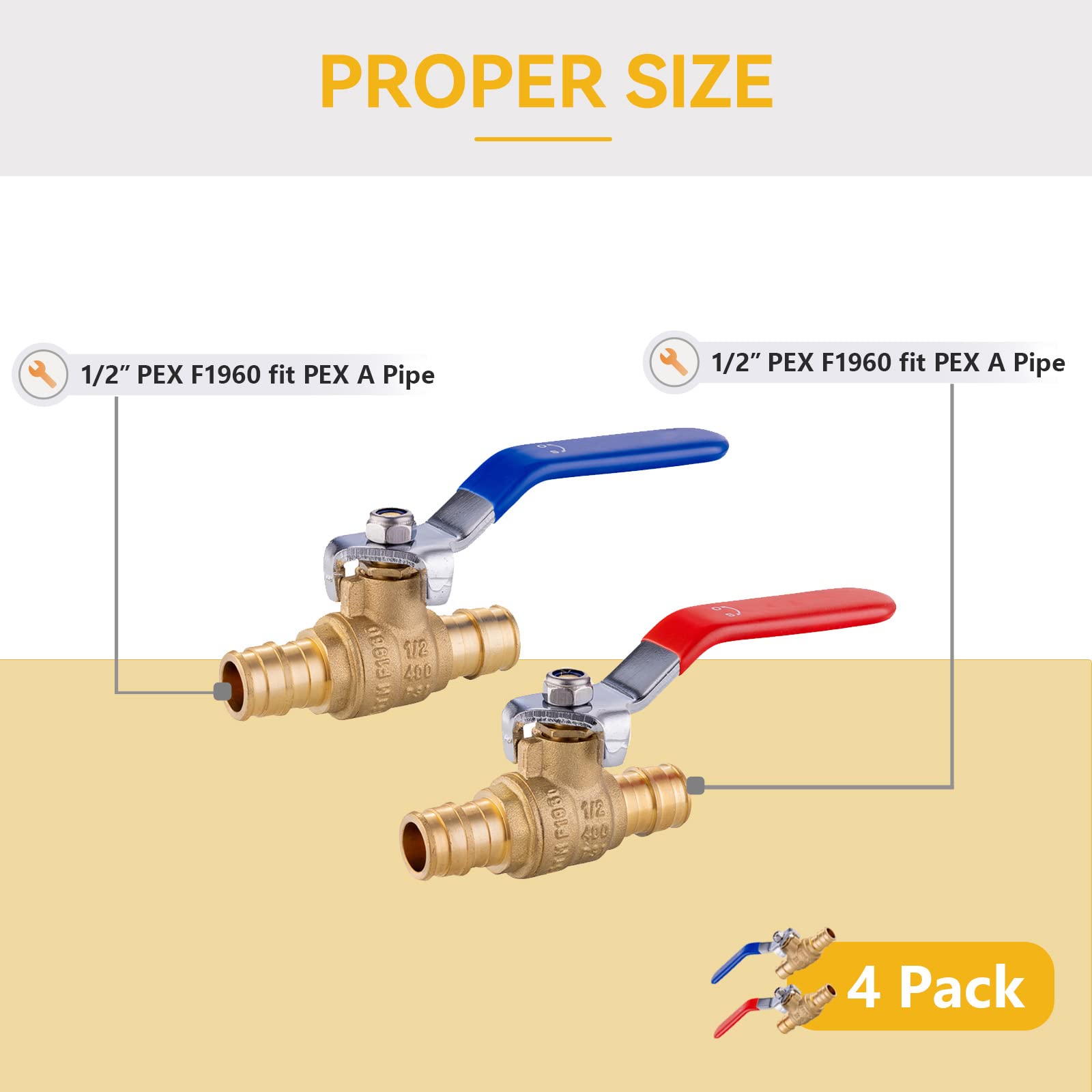Válvula de bola de expansión PEX de 1/2 pulgada, paquete de 4 (2 rojas/calientes y 2 azul/fría), válvula de bola de expansión F1960 PEX A para agua potable